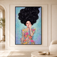 Woman with Flowing Hair & Floral Body Art Canvas Print Wall Art, Bohemian Decor - Mockup Display 5
