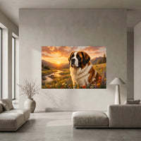 St. Bernard Dog Sunset Meadow Oil Painting Style Canvas Print Wall Art, Golden Hour - Mockup Display 5