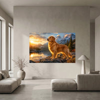 Majestic Golden Retriever Sunset Mountains Lake Art Print Canvas Wall Decor - Mockup Display 5