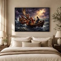 Biblical Jesus Calming Storm Oil Painting Style Canvas Print Wall Art, Religious - Mockup Display 5