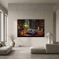 Peaceful Grey Cat Sleeping Library Oil Painting Style Canvas Print Wall Art for Study - Mockup Display 5