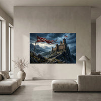 Dramatic Mountain Castle Libertas with Flags Canvas Print Wall Art, Epic Landscape. - Mockup Display 5