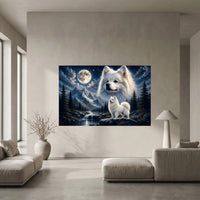 Fluffy White Samoyed Dogs Mountain Night Canvas Print Wall Art Decor - Mockup Display 5
