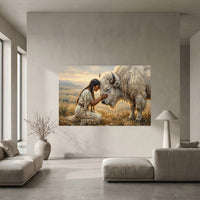 Native American Woman White Buffalo Oil Painting Style Canvas Print Wall Art, Spiritual Decor - Mockup Display 5