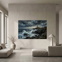 Stormy Lighthouse Stretched Canvas Wall Art, Dramatic Seascape Print, Coastal Living Room Decor