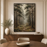Misty Pine Forest Pathway Oil Painting Style Canvas Print Wall Art, Serene Decor - Mockup Display 5