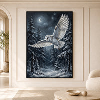 Majestic Barn Owl Snowy Forest Night Oil Painting Style Canvas Print Wall Art - Mockup Display 5