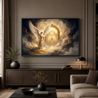 Radiant Angel at Golden Gates Divine Fantasy Canvas Print Wall Art, Heavenly Decor - Mockup Display 5