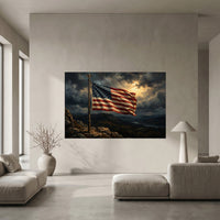 American Flag Mountain Canvas Wall Art, Dramatic Patriotic Landscape Print, Rustic Living Room Decor