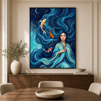 Mystical Asian Woman Koi Fish Oil Painting Style Canvas Print Wall Art, Elegant Decor - Mockup Display 5