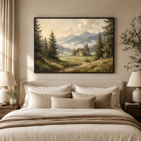 Misty Mountain Valley Cabin Oil Painting Style Canvas Print Wall Art Scenic Decor - Mockup Display 5