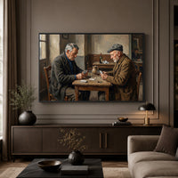 Elderly Men Playing Cards Oil Painting Style Canvas Print Wall Art, Tavern Scene Decor - Mockup Display 5