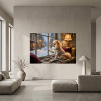 Pomeranian Stretched Canvas Wall Art, Snowy Window Dog Print, Cozy Living Room Decor