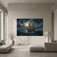Majestic Three-Masted Ship Moonlight Oil Painting Style Canvas Print Wall Art - Mockup Display 5