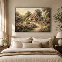 Charming English Cottage Garden Oil Painting Style Canvas Print Wall Art, Rustic Charm - Mockup Display 5