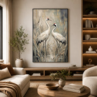 Elegant White Cranes Oil Painting Style Canvas Print Wall Art, Serene Decor - Mockup Display 6