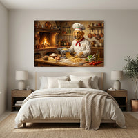 Golden Retriever Chef Making Pasta Oil Painting Style Canvas Print Wall Art, Italian Kitchen Decor - Mockup Display 6