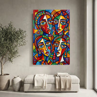 Colorful Abstract Faces Stretched Canvas Wall Art, Modern Geometric Portrait Print, Bold Room Decor