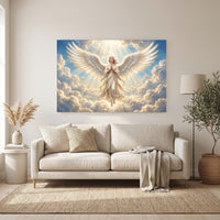 Serene Angel Figure Heavenly Rays Spiritual Art Canvas Print Wall Art, Divine - Mockup Display 6