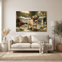 Pug Bathroom Stretched Canvas Wall Art, Humorous Dog Print, Vintage Powder Room Decor