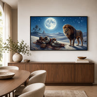 Desert Night Lion and Sleeping Man Oil Painting Style Canvas Print Wall Art - Mockup Display 6