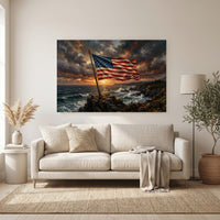 Patriotic American Flag Coastal Sunset Oil Painting Style Canvas Print Wall Art Decor - Mockup Display 6