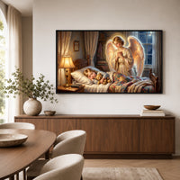 Guardian Angel Watching Child Oil Painting Style Canvas Print Wall Art, Serene Home Decor - Mockup Display 6