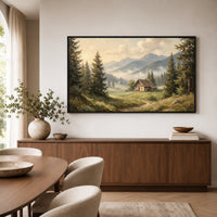 Misty Mountain Valley Cabin Oil Painting Style Canvas Print Wall Art Scenic Decor - Mockup Display 6