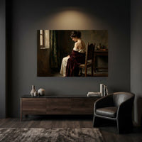 Contemplative Woman in Red Shawl, Classical Oil Painting Style Canvas Print Wall Art, Elegant. - Mockup Display 6