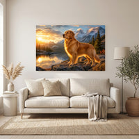 Majestic Golden Retriever Sunset Mountains Lake Art Print Canvas Wall Decor - Mockup Display 6