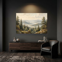 Misty Forest Landscape Oil Painting Style Canvas Print Wall Art, Serene Hills - Mockup Display 6