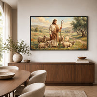 Jesus Christ Good Shepherd Oil Painting Style Canvas Print Wall Art, Inspirational Decor - Mockup Display 6