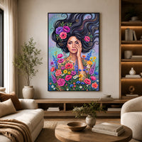Vibrant Boho Woman & Flowers Canvas Print Wall Art, Expressive Modern Decor - Mockup Display 6