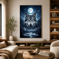 Mystical Blue-Eyed Wolf & Winter Moonlight Forest Canvas Print Wall Art Decor - Mockup Display 6
