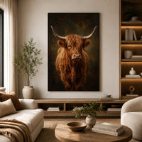 Majestic Highland Cow Portrait Oil Painting Style Canvas Print Wall Art, Rustic Farmhouse Decor - Mockup Display 6