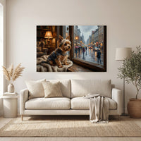 Yorkshire Terrier Stretched Canvas Wall Art, Rainy Window Dog Print, Cozy Living Room Decor