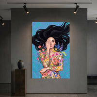Enchanting Floral Woman Illustration Canvas Print Wall Art, Serene Beauty - Mockup Display 6