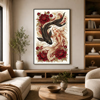 Yin Yang Koi Fish Peony Japanese Art Style Canvas Print Wall Art, Elegant Decor - Mockup Display 6
