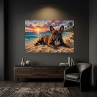 French Bulldog in Glasses on Tropical Sunset Beach Oil Painting Style Canvas Print Wall Art - Mockup Display 6