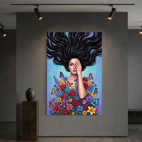 Vibrant Pop Art Woman with Flowers & Butterflies Canvas Print Wall Art Décor - Mockup Display 6