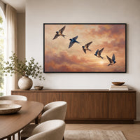Barn Swallows Sunset Sky Oil Painting Style Canvas Print Wall Art for Nature Lovers - Mockup Display 6