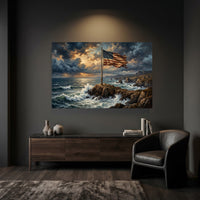 Dramatic American Flag on Rocky Coast Oil Painting Style Canvas Print Wall Art - Mockup Display 6