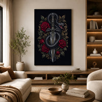 Intricate Dark Fantasy Snake & Dagger Roses Canvas Print Wall Art, Ornate Elegance - Mockup Display 6