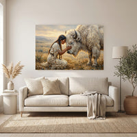 Native American Woman White Buffalo Oil Painting Style Canvas Print Wall Art, Spiritual Decor - Mockup Display 6