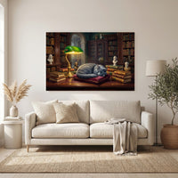 Peaceful Grey Cat Sleeping Library Oil Painting Style Canvas Print Wall Art for Study - Mockup Display 6