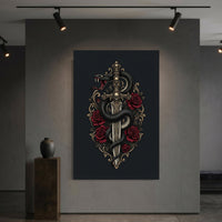 Gothic Snake & Skull Sword with Red Roses Illustrative Canvas Print Wall Art, Dark Fantasy Decor - Mockup Display 6