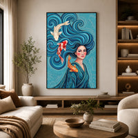 Vibrant Woman with Koi Fish Artistic Canvas Print Wall Art, Elegant Home Decor - Mockup Display 6