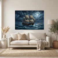 Dramatic Galleon Ship Moonlight Oil Painting Style Canvas Print Wall Art, Nautical Adventure - Mockup Display 6