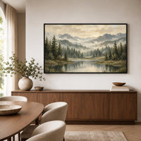 Misty Mountain Lake Landscape Oil Painting Style Canvas Print Wall Art, Rustic Decor - Mockup Display 6