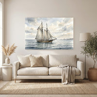Watercolor Schooner Ship Seascape Canvas Print Wall Art Coastal Decor - Mockup Display 6